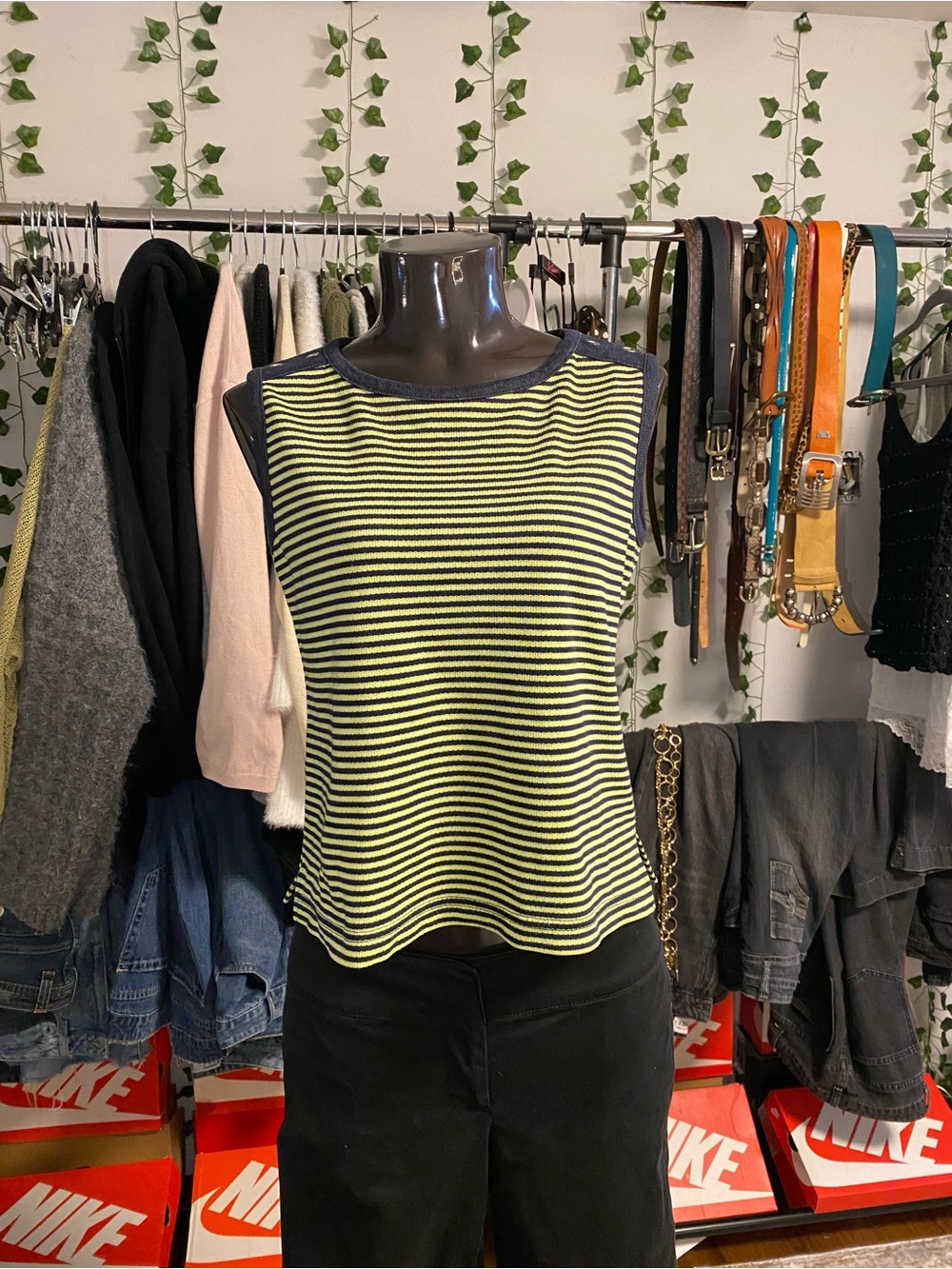 Y2K Sleeveless Striped Tank Top - Denim & Lime